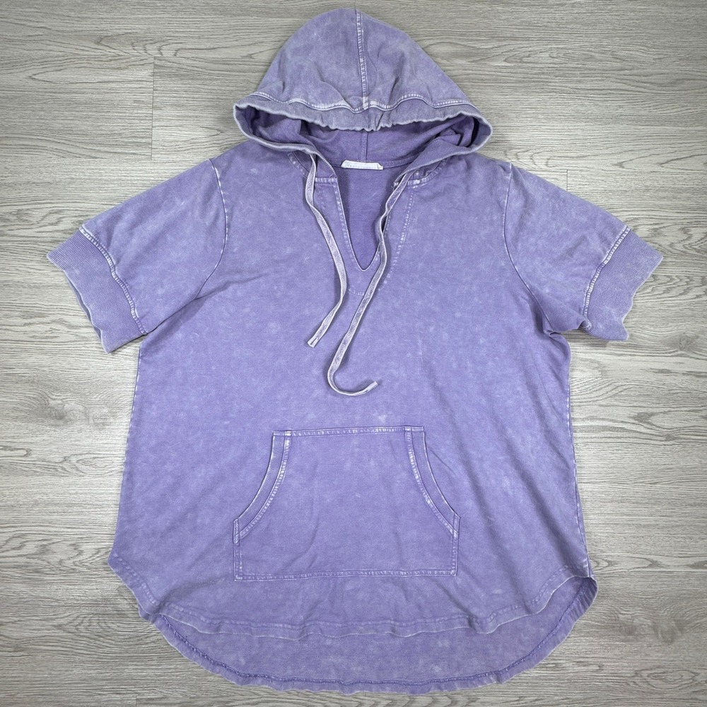 Jane + Delancey Women's Hoodie Short Sleeve Acid Wash Purple 1X Pullover Pocket